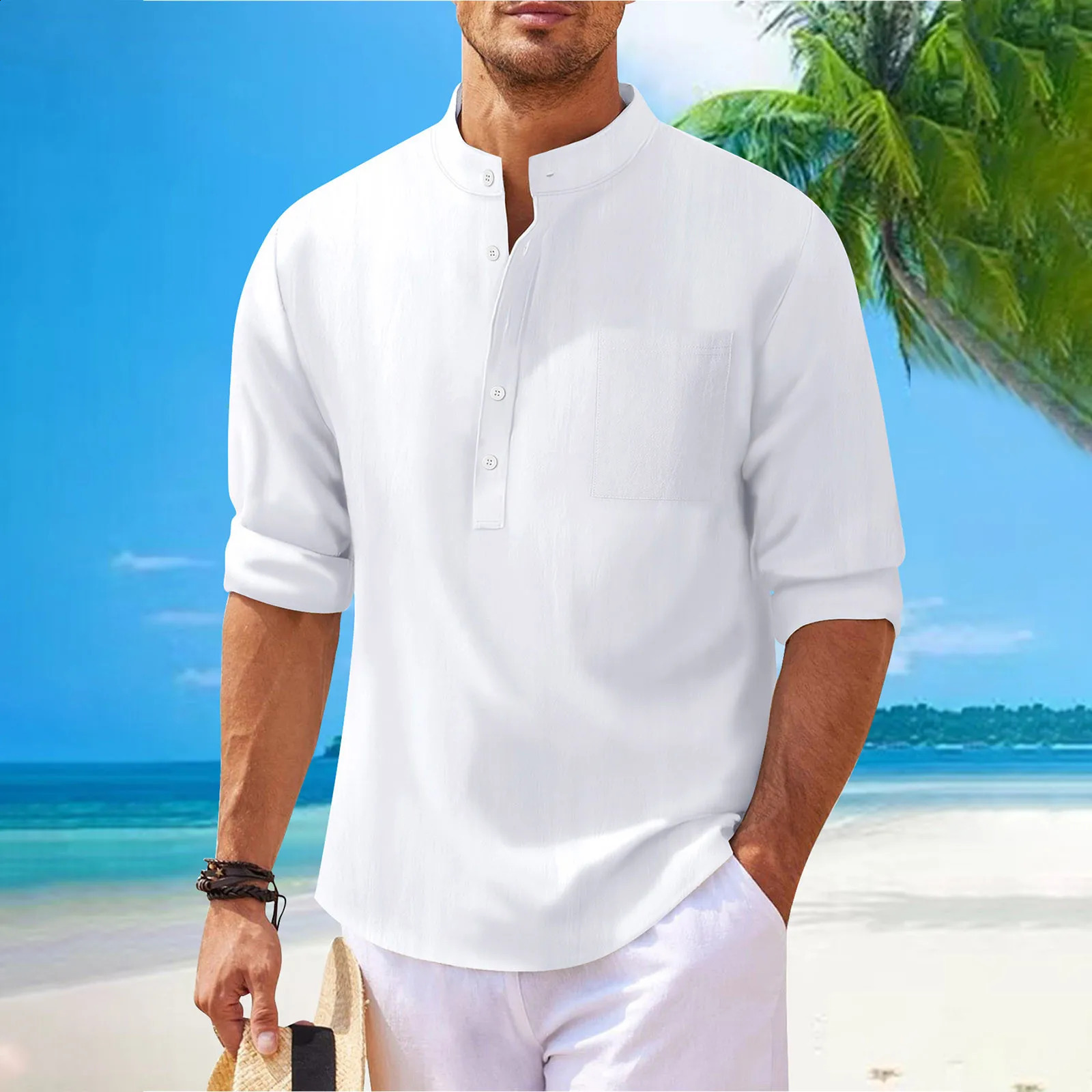 Cotton Linen Shirts For Men solid Color Casual Half Turtleneck Long Sleeve Shirt Mens Spring Fall Beach Casual Shirt Tunic Top 250617