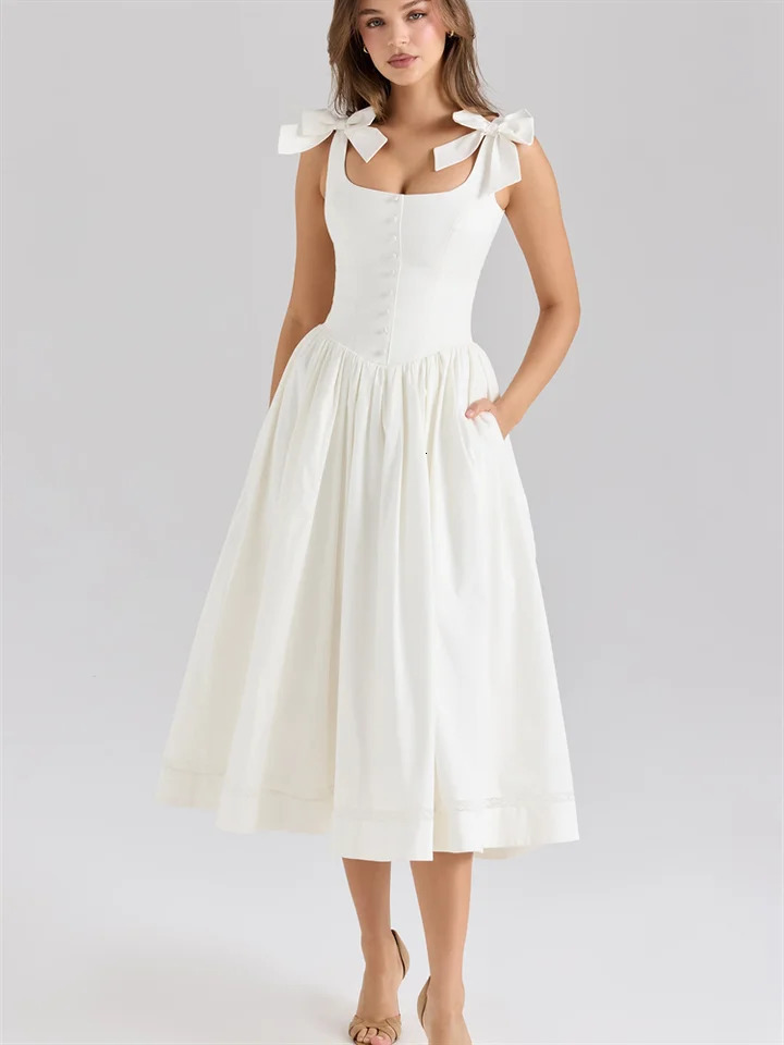 Womens Long Dress Elegant Lace Up Bow Square Collar Sleeveless Draped Aline Dresses Female Summer Lady Party Club Robes 250617