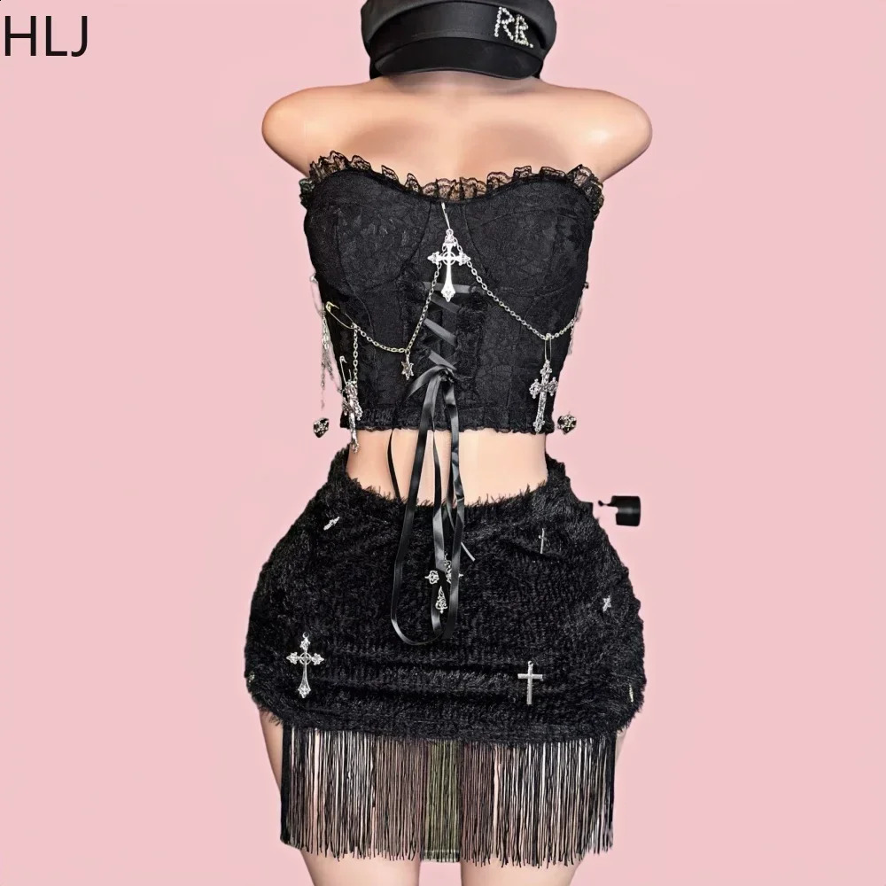 HLJ GG Black Sexy Punk Streetwear Women Chain Lace Up Slim Tube And Fur Tassels Mini Skirts Two Piece Sets Fashion 2pcs Outfits 250617
