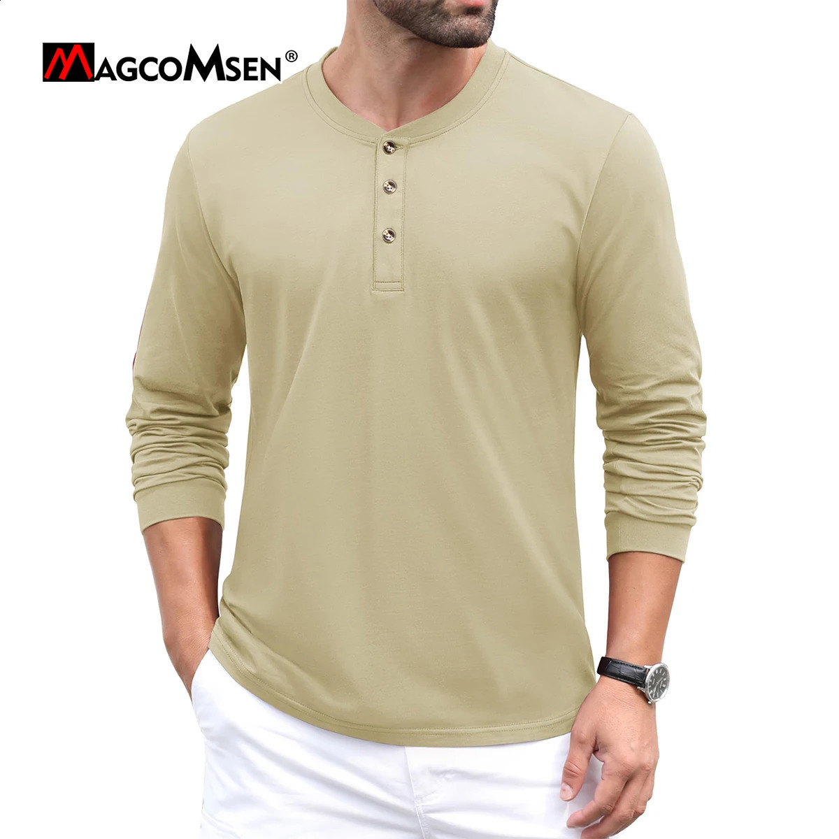 MAGCOMSEN Mens Henley Cotton T-Shirt Long Sleeve Male Front Placket Shirt Fashion Henry-neck Tees Casual Vintage Basic Tops 250617