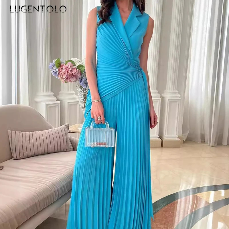Women Chic Sleeveless V Neck Jumpsuits Fold Elegant Solid Wide Leg Rompers Fashion High Waisted Lace Up Party Lady Playsuits 250614