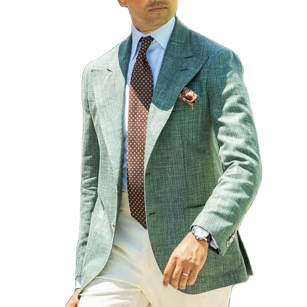 Summer 2pcs Green Linen Men Suit Casual Street Style Custom Made Jacket White Pants Slim Fit Party Wear Coat Men Blazer Trousers 250618