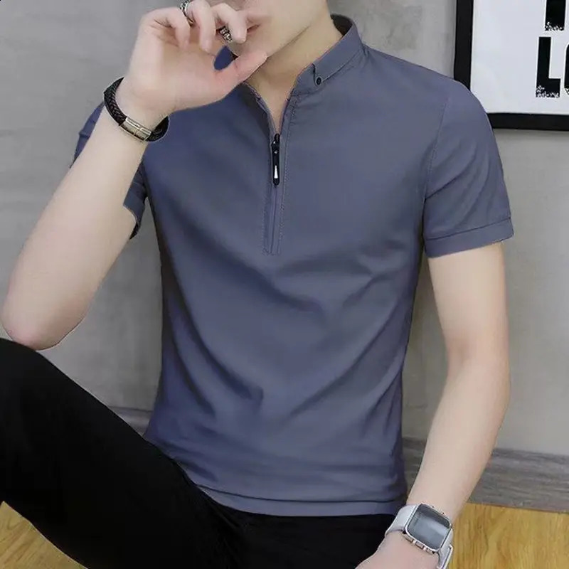 Mens Zipper Patchwork Slim Simplicity Street Casual Tops Summer Short Sleeve Solid Korean Polo Shirts Trend Fashion Men Clothes 250614