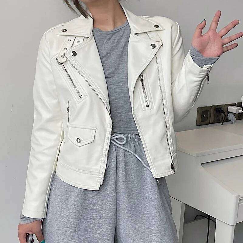 2025 Spring Lapel Slim Short Faux Leather Coat Jaqueta Couro Zipper Long Sleeve Women Motorcycle Biker Jacket Female Streetwear