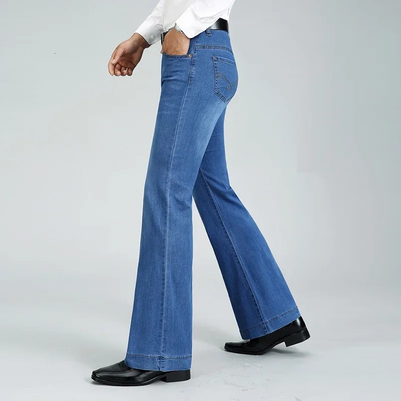 2024 Mens Four Seasons Flared Jeans Mid-Waist Stretch Boot Cut Business Fashion Trend Casual Wide Leg Pants250616