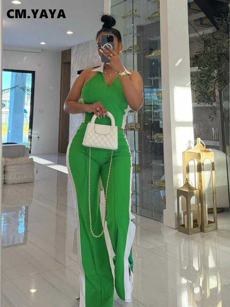 CM.YAYA Sporty Patchwork Womens Set Sleeveless Polo-tank Tops and Slit Flare Pants Active Two 2 Piece Set Outfit Tracksuit 250617