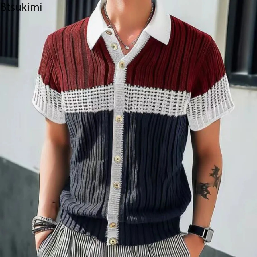 Mens Shirt Retro Daily Knitted Polo Shirts Slim Fit Summer Striped Contrast Color Trend Breathable Trendy Short Sleeve Tops 250614