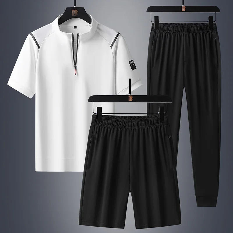Ice Silk 3 Piece Men Shorts Set Summer Tracksuit Men Fashion Clothing Harajuku Style Japan Fashion Loose Fit Sweatsuit 250617