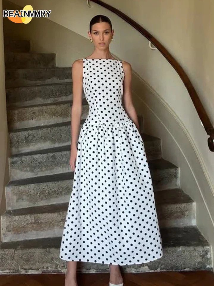 Elegant Women Polka Dot Maxi Dresses Chic Sleeveless Round Neck High Waist Slim Long Vestidos Lady Party Street Dress 250617