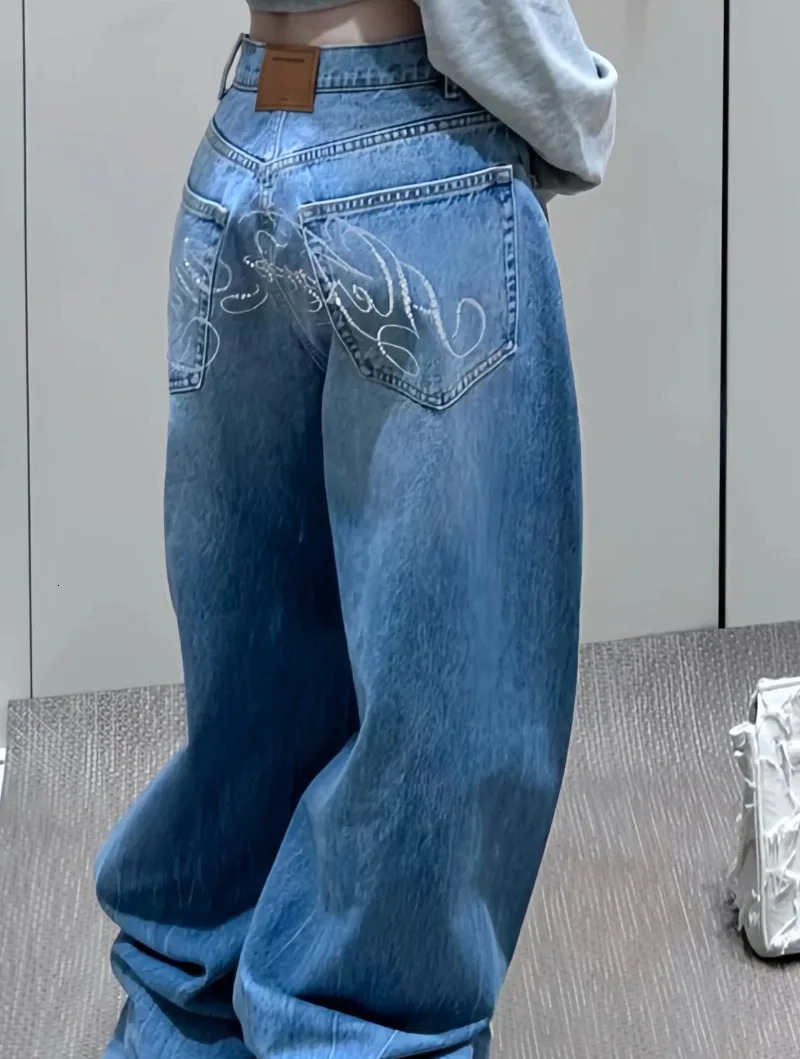 HARAJUKU Y2K Streetwear pantalon American Retro Lettre de ramiage jeans Femmes Sexy Baggy High Waist Sissors Lignes larges 250617