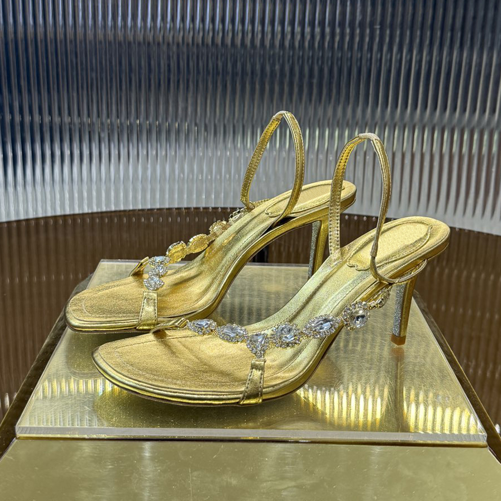 Designer Gold sandals Crystals Embellished stiletto Heels Evening shoes Sandals women high heeled Luxury Designers Dress shoes factory footwear 7.5c