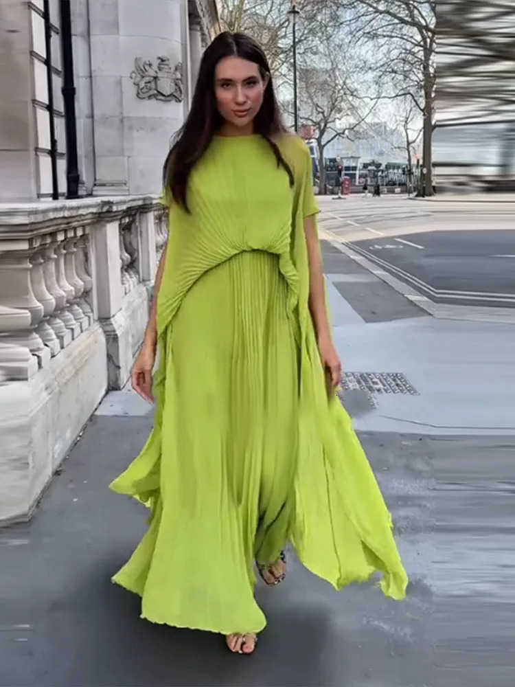 Sexy Solid Backless Pleated Womens Dress Fashion High Waist Short Sleeve Loose Long Dresses Female Summer Chic Casual Holiday 250617