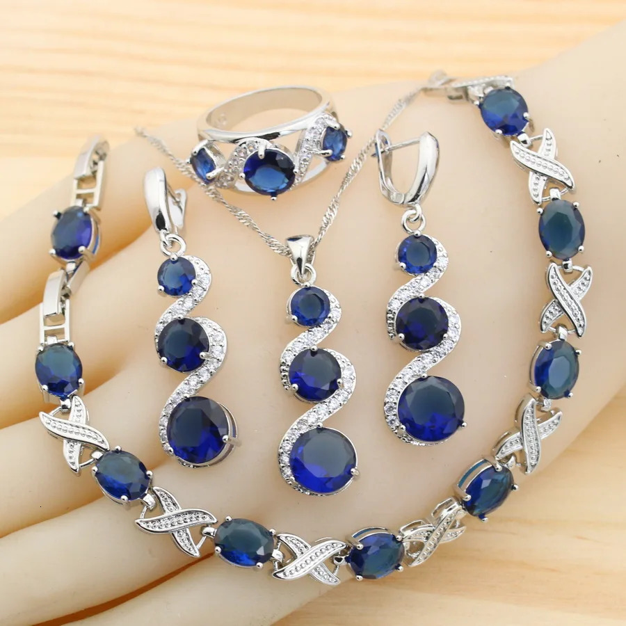 Classic Blue Zirconia 925 Silver Jewelry Sets for Women Earrings Necklace Pendant Ring Bracelet Wedding Gift 250618