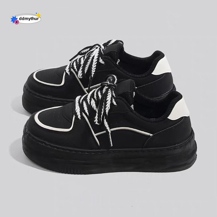 Black Sneakers for Women 2025 Spring and Autumn New Style Student Versatile Casual Chunky Korean Version Thick Sole Height Increasing Board Shoes In