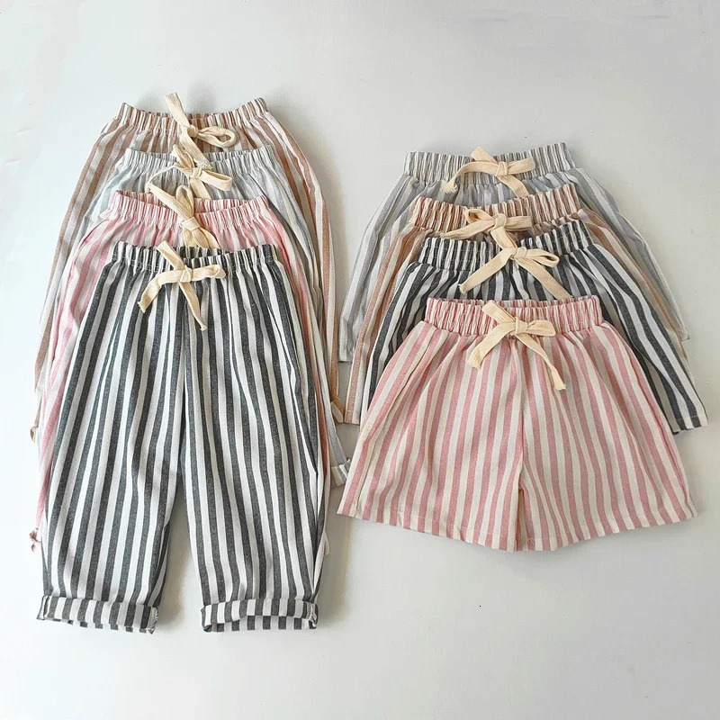 Childrens Clothing Vintage Linen Cotton Stripe Pants Baby Boy Girl Casual Shorts Spring Summer Girls Loose Trousers and 250618