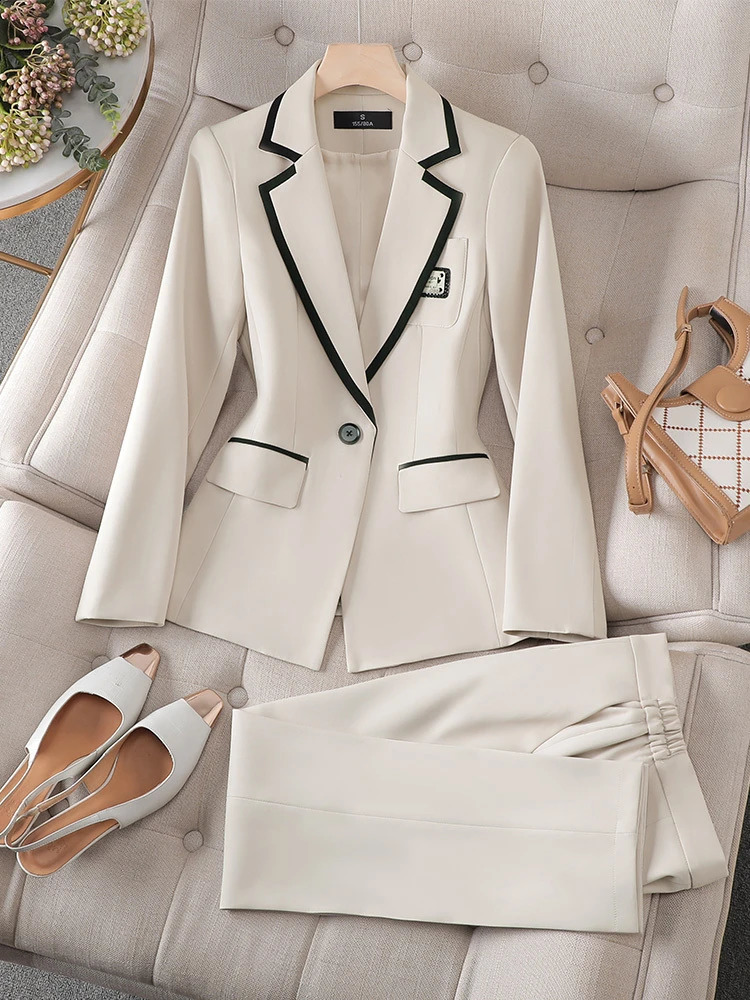 Fashion Blazer and Trouser Formal 2 Piece Set For Autumn Winter Gray Black Apricot Womens Pant Suit 250617