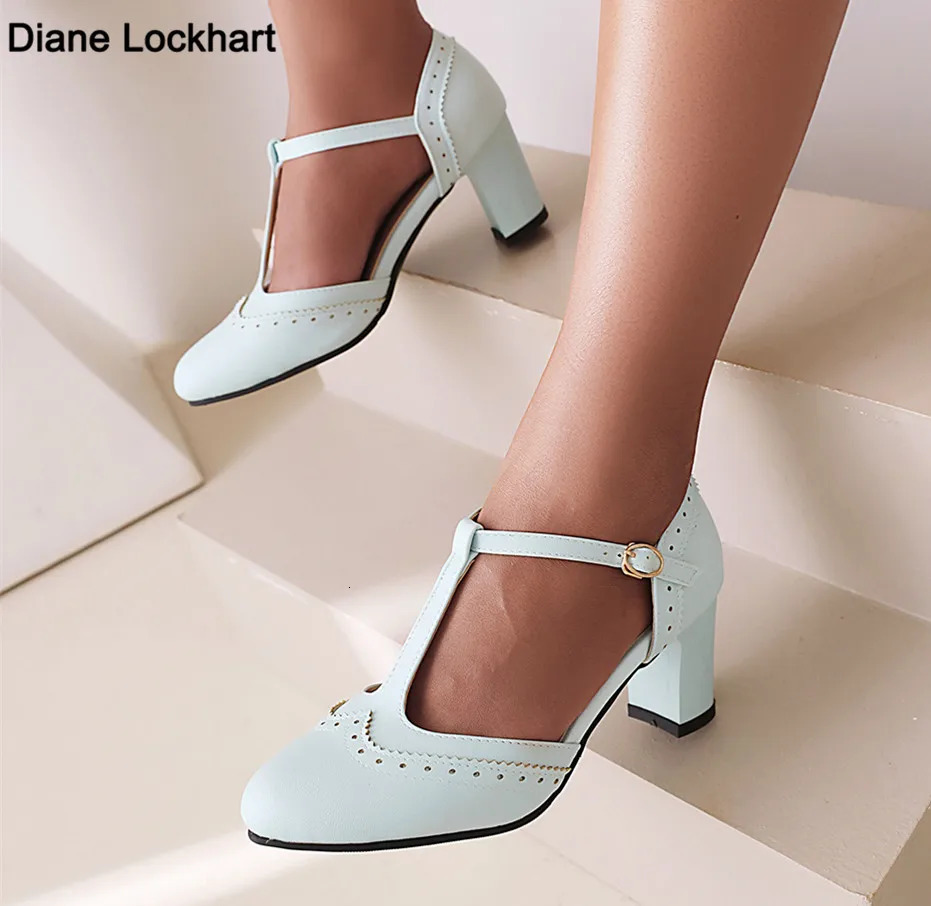 Women Shoes 2025 High Heels Spring Mary Jane Low Heel Shoes Ladies Buckle Round Head Shoes Pink Blue Black Large Size 34-43 250613