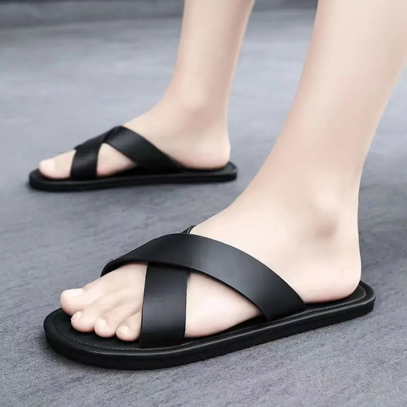 Mens Summer Leather Large Size One Word Casual Slippers Soft Bottom Non Slip Home Casual Slipper Outdoor Beach Slipper 250612