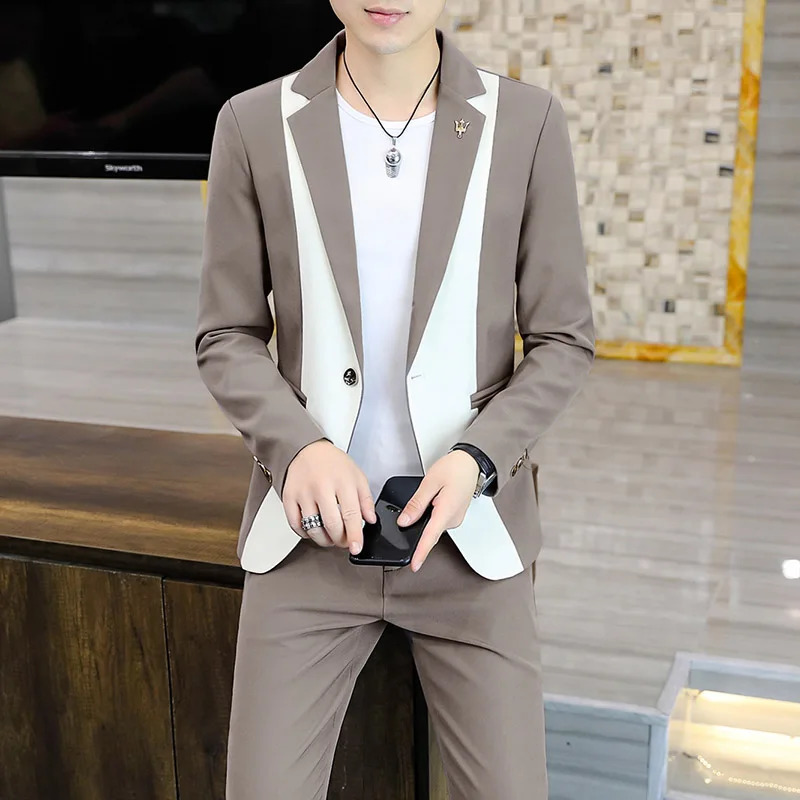 Mens Autumn Slim Fit Korean Style Business Suit Two-Piece Set Fashionable Trendy Color Matched Suit And Trousers Ensemble 250616