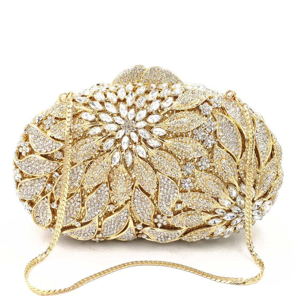 Gold Metal Leaves White Crystals Evening Clutch Bags Luxury Women Wedding Party Purse Ball Handbags Rhinestone Mini heart bag 250614