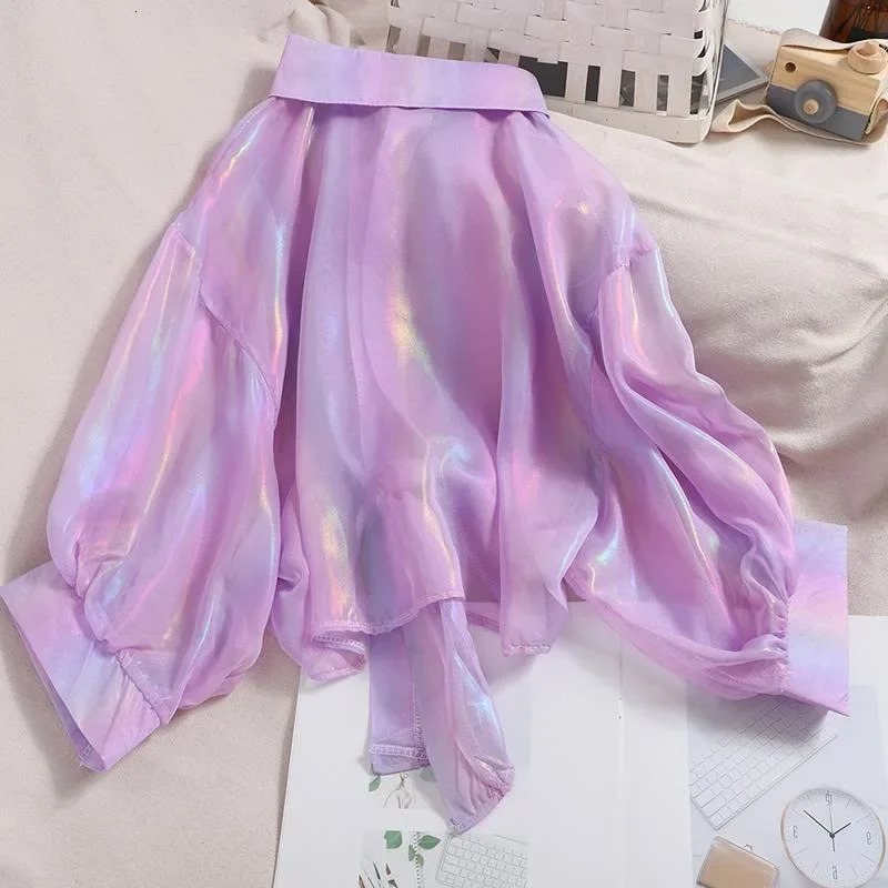 Korean Summer Fashion Bright Purple Open Cardigan Womens Loose Slimming Sun Protection Clothing Shiny Surface Chiffon Trend 250616