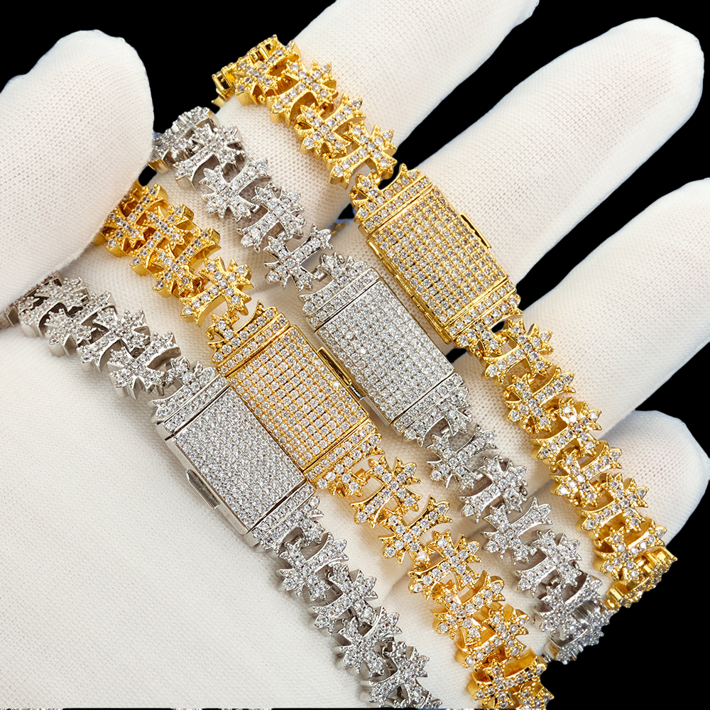 New Design 925 Sterling Silver 18K Gold Plated Cross Link Bracelets Iced Out Vvs Moissanite Full Diamond Cross chain Bracelet luxury jewelry bracele