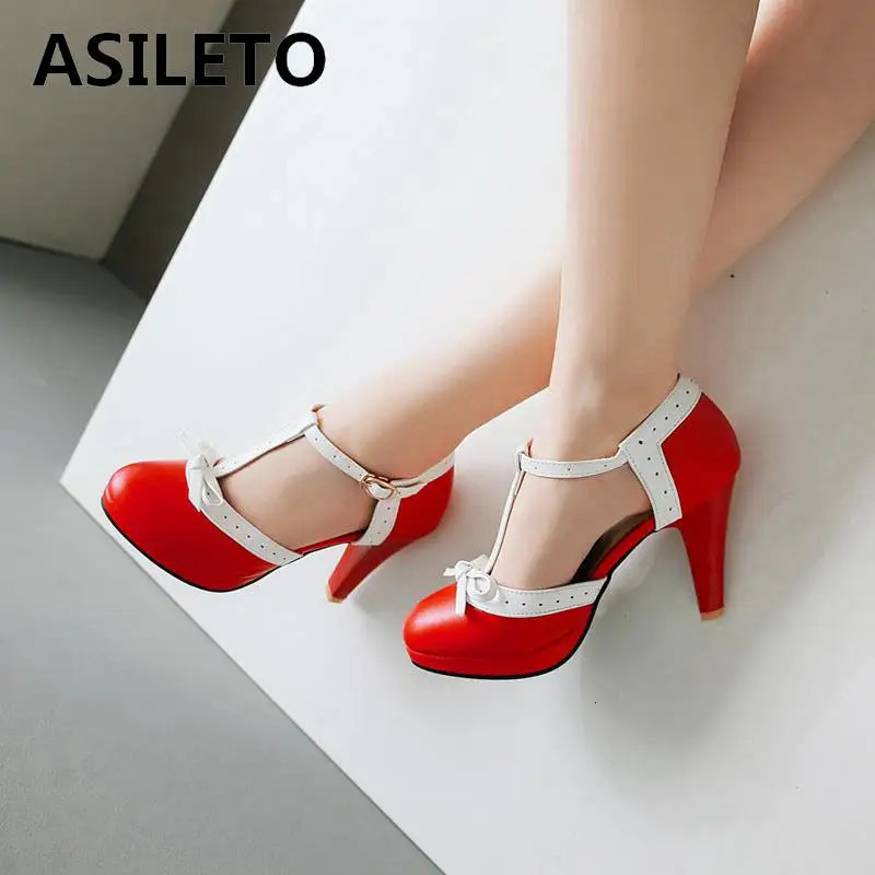 ASILETO Plus Size 32-44 High Heel Shoes Round Toe Heel pumps Womens Platform pumps with bow party wedding Footwear strap 972 250613