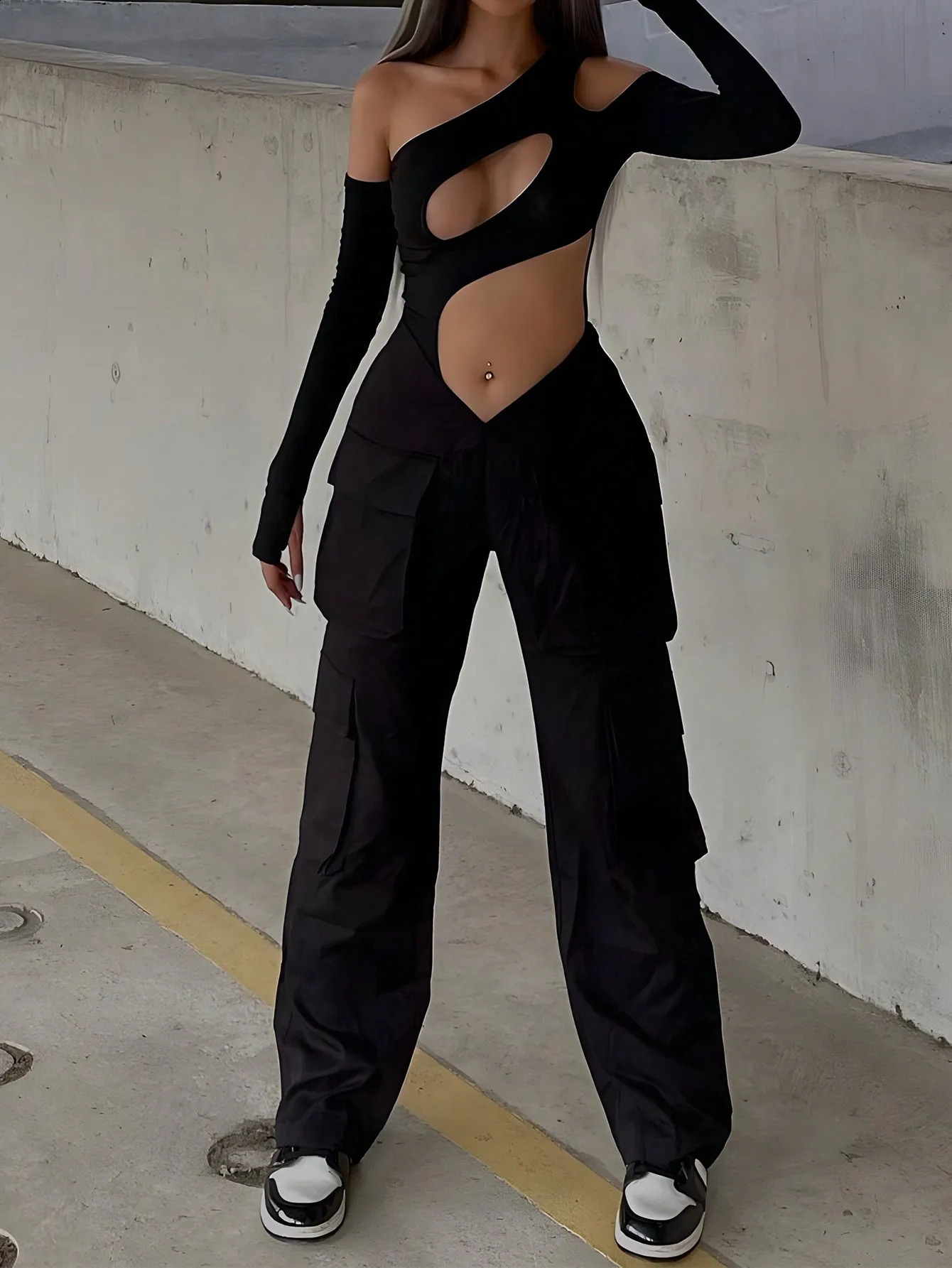 Fonds de la mode Pantalon Street vibrations Volet de ruban adhésif côté V taille parachute solide pantalon Jogger Mujer 250614