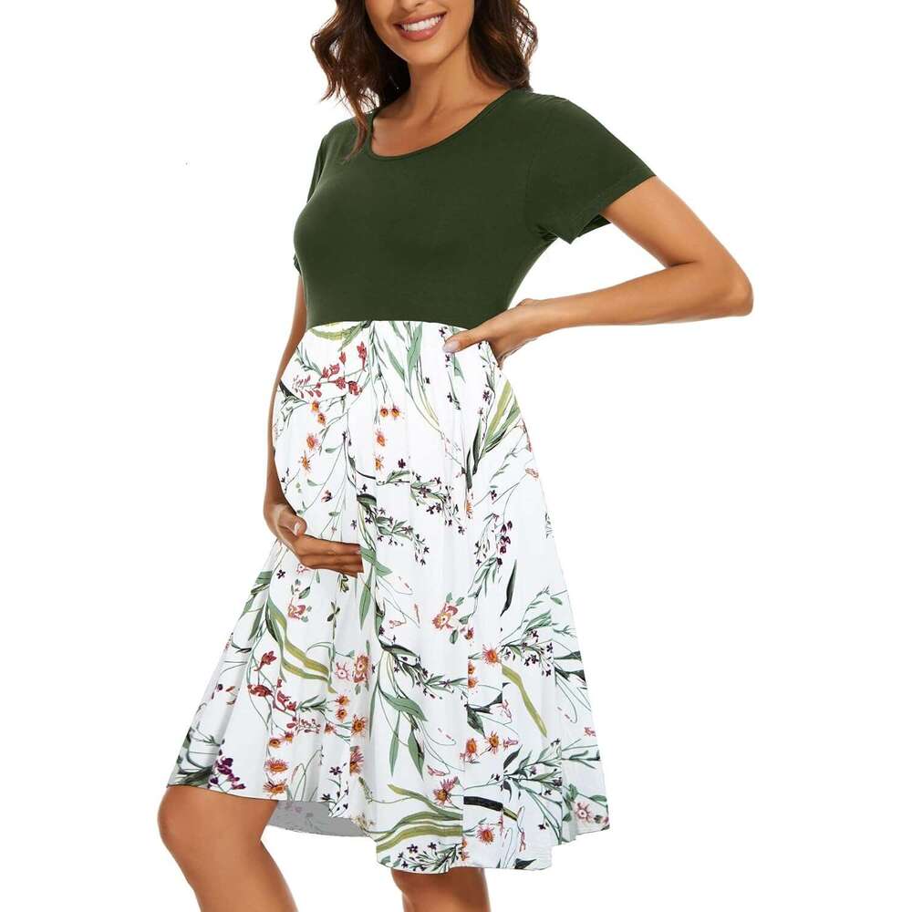 Womens Short Sleeve Maternity Dress Patchwork Pregnancy Clothes with Pockets M260328-image-1095553750