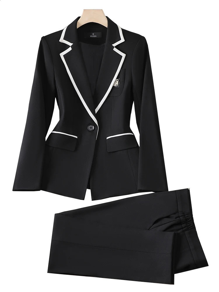 Fashion Gray Black Apricot Womens Pant Suit Office Ladies Blazer and Trouser Formal 2 Piece Set For Autumn Winter 250617