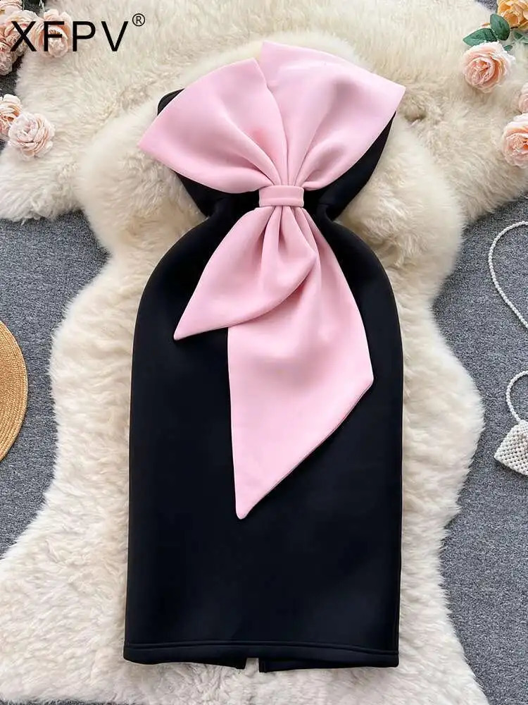 XFPV Womens Sleeveless Three-dimensional Bow A Line Slim Dress Vestidos Y2k Sweet Korean Fashion Spring Autumn SM8116 250617