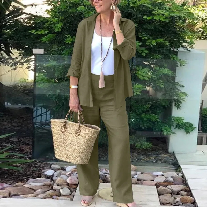 Womens Solid Color Cotton Linen Pants Suit Lapel Pocket Fashion Spring Summer Shirt Casual Pants 2-piece Set 250617