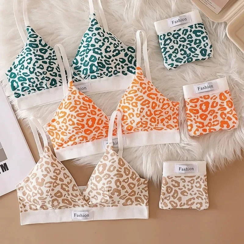 Summer Womens Leopard Print Traceless and Steel Rim Bra Adjustable Shoulder Strap Back Womens Underwear Set 250617