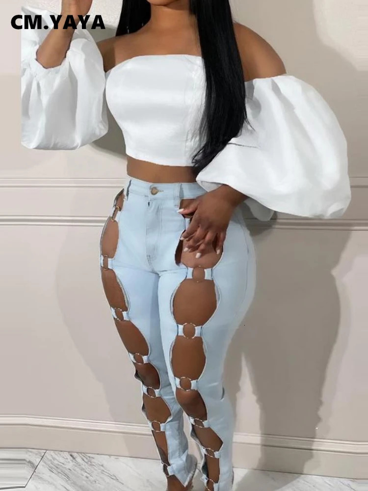 CM.YAYA Women Streetwear Pencil Denim Pants Hollow Out INS Summer Fashion Classic Stretch Ripped Out Jeans Trousers 250614
