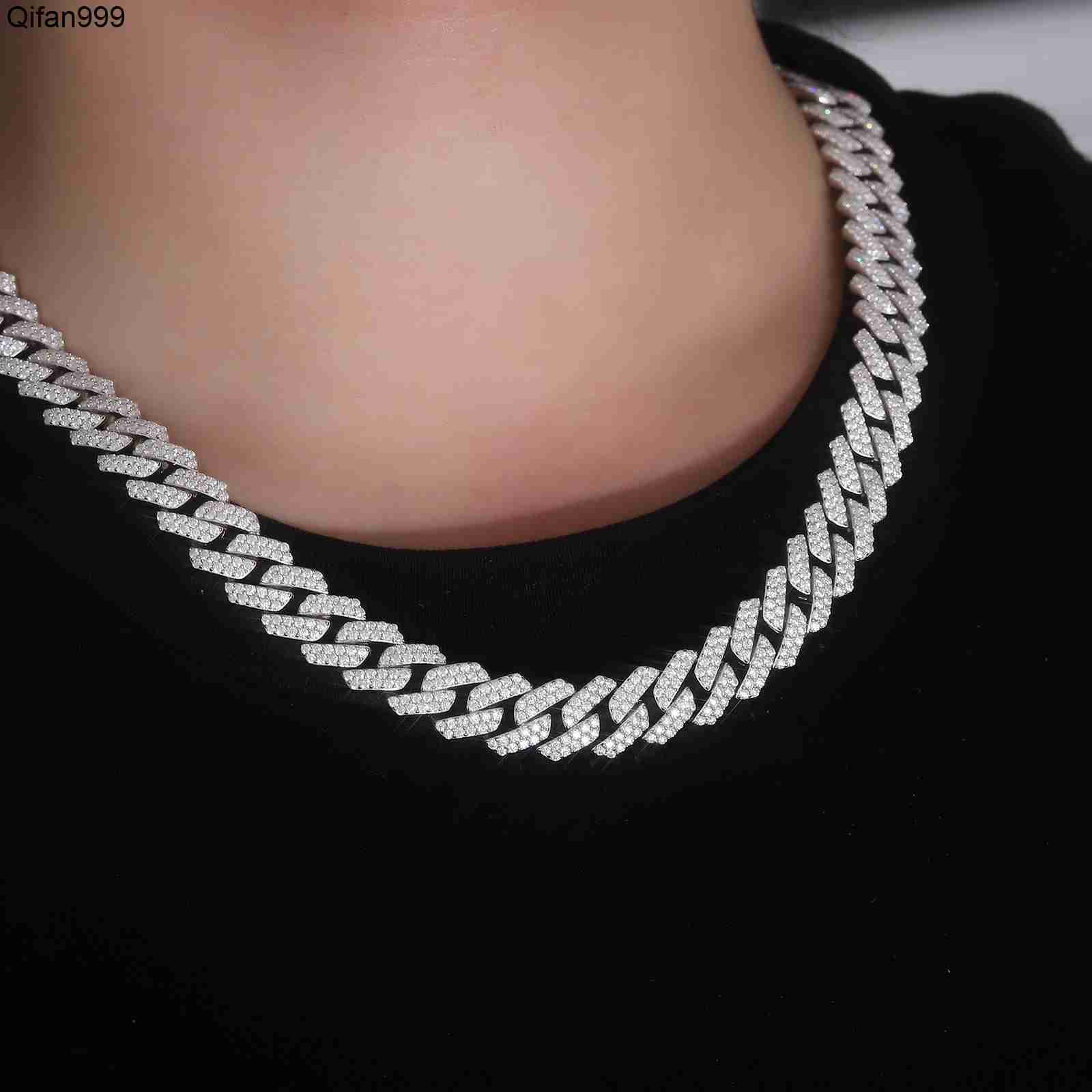 Hot Sale Moissanite Necklace 2rows 12mm Wide Hip Hop Jewelry 925 Silver VVS Moissanite Diamond Cuban Necklace for Men