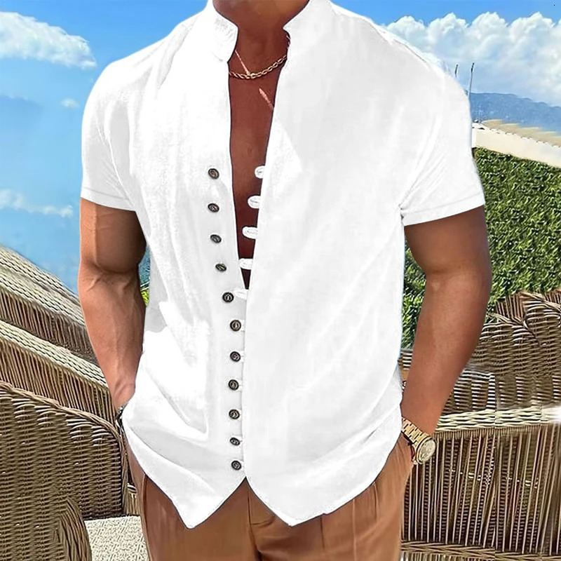 Summer Short Sleeve Shirts For Men White Formal Shirt Social Dress Shirts Casual Cotton Linen Tops Beach Blouses Man Clothing 250616