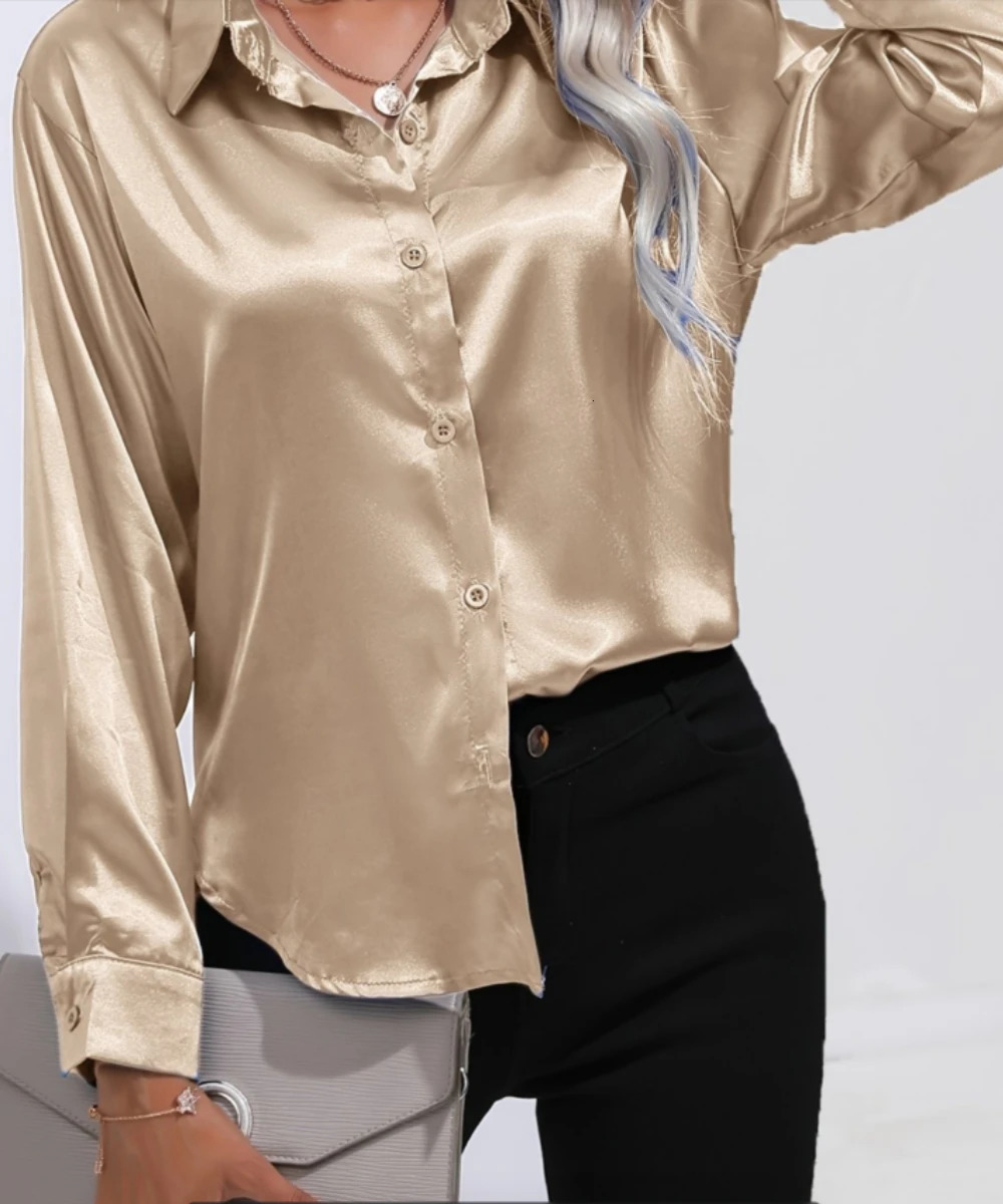 Plus Size Casual Women Silk Shirt Fashion Loose Long Sleeve Button-Down Blouse Female Elegant Top Office Acetate Shirts 250616