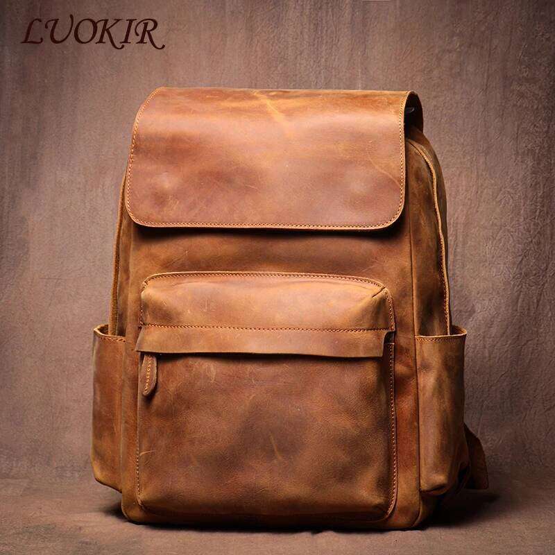 Women's Bags Designer LUOKIR High Quality Genuine Leather Backpack Vintage Crazy Horse Cowhide School Bag Computer Knapsack For 15 Inch Laptop
