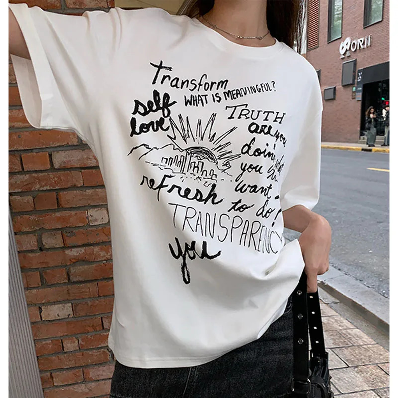 Vintage Hand Painted Graffiti Printed T-shirt Women Y2k Short-sleeved Loose Casual Retro Shirt Oversized Womens Summer Clothes 250616