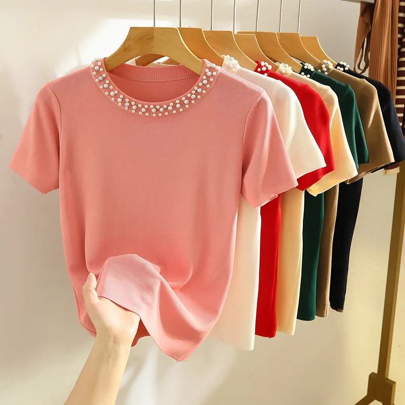 1pcs Summer Women Bead Ice Silk Knit T-Shirt Lady Short-Sleeve Round-Neck tShirt Female Pullover Tee Fashion Commuting Tops 250616