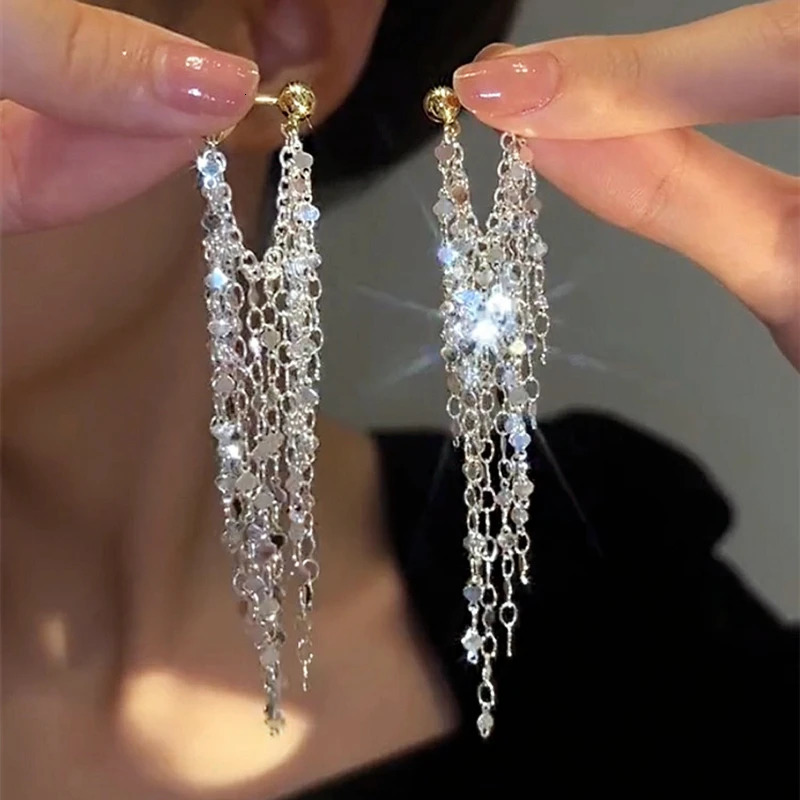 Fashion Statement Silver Color Long Metal Chain Bling Tassel Earrings for Women Wedding Party Earrings Jewelry Pendant Gifts250616