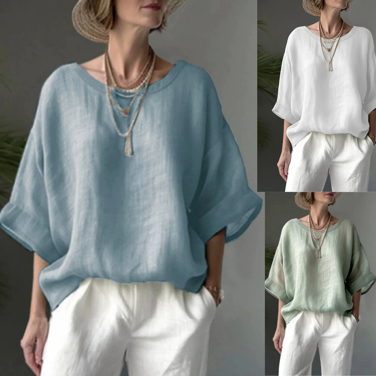 New Solid Color Comfortable Elegant Casual Round Neck Drop Shoulder Loose Slimming Womens Plus Size Shirt