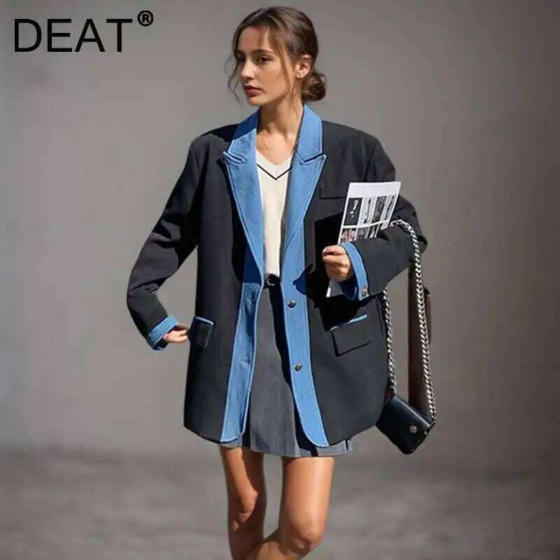 DEAT Fashion Denim Contrast Color Patcwork Blazer Women's Notched Collar Long Sleeves Single Breasted Loose Suit Jacket New