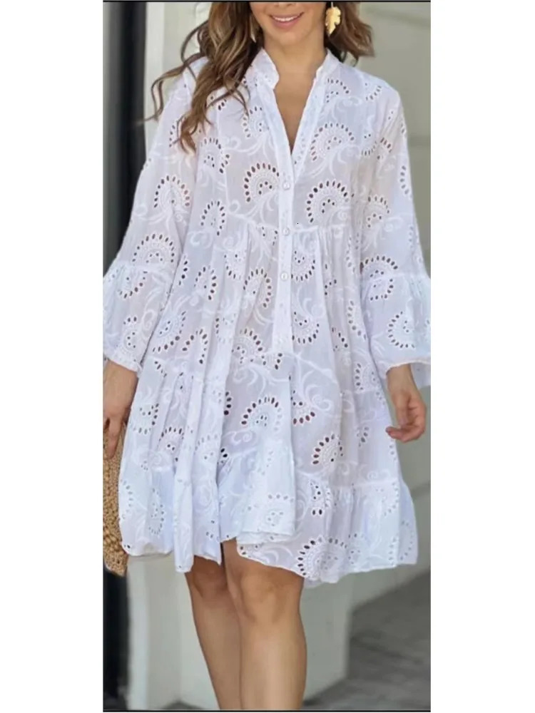 Spring Summer Womens Solid Color Sexy V-neck Loose Fashion Embroidered Hollow Lace Flare Sleeves Long Sleeved Dress250616
