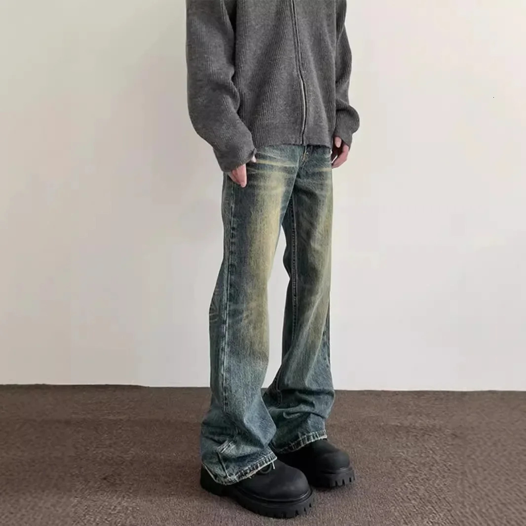 Vintage American Style Mens Straight-Leg Slimming Long Jeans Distressed Washing Denim Pants Trendy Bootcut Pants 250619