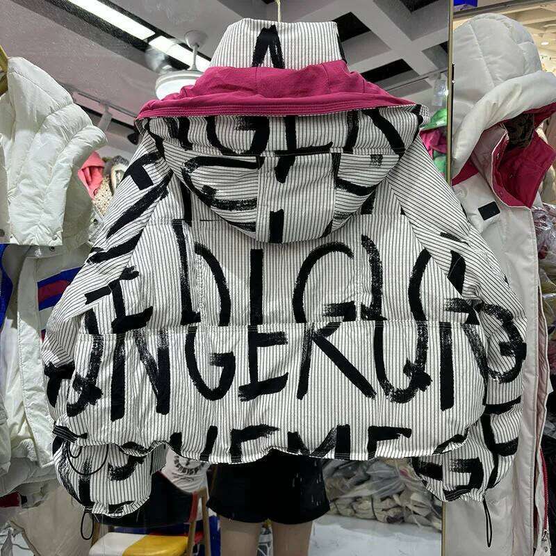 Stand-up Collar Letter Print Trendy Outerwears Thick Loose Warm Snow Short Puffer Jacket Female Winter 's Down with Women