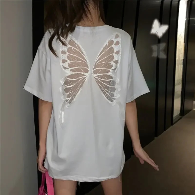 Womens T-shirt Mesh Cotton Female Top 90s Vintage Harajuku Fashion Korean Yk2 Goth Y2k Clothing Pulovers Youthful Clothes 250616