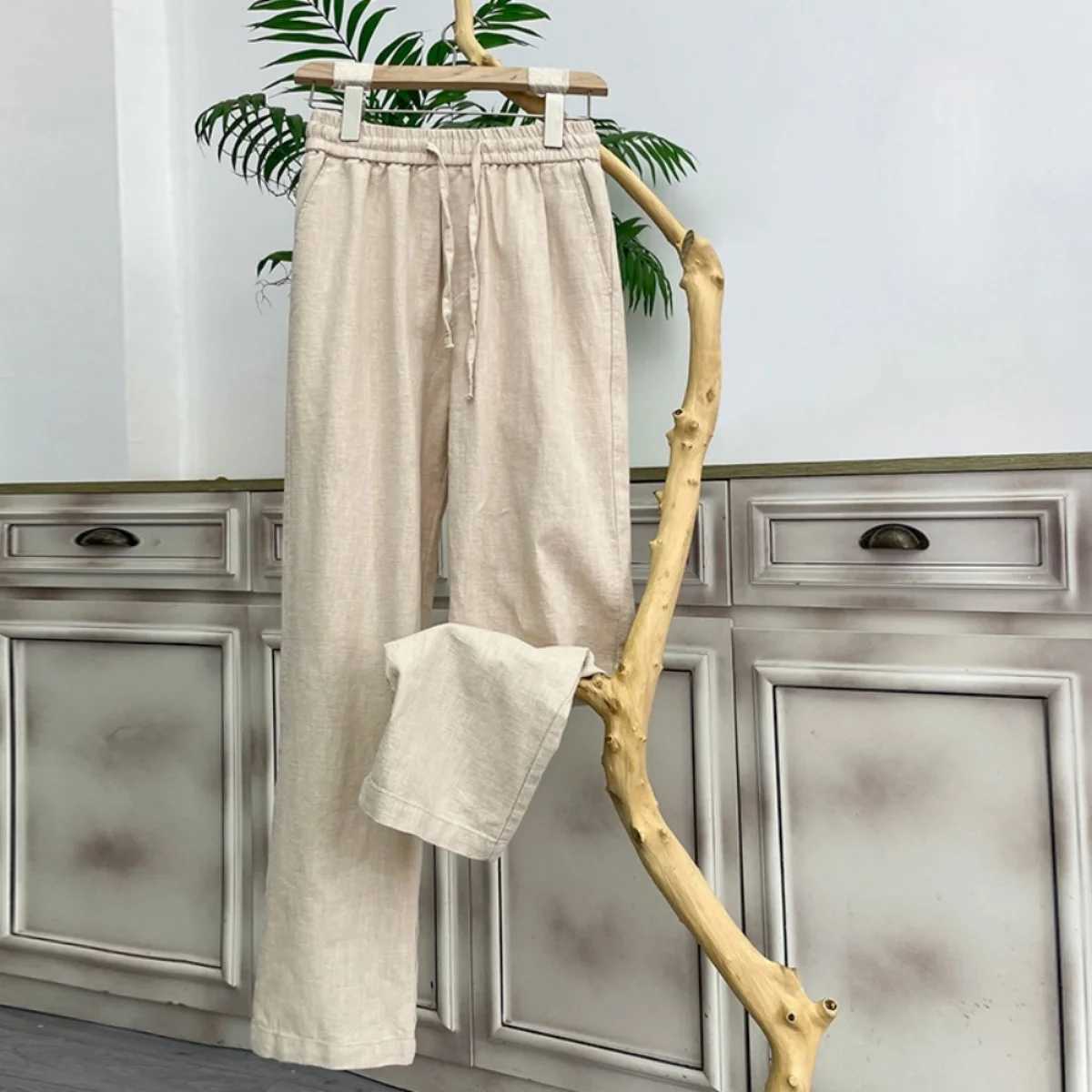 Summer Mens Linen Pants Breathable and Comfortable Cotton and Linen Loose Straight Pants with Pull Rope Elastic Waist Casual Pants XJ250618