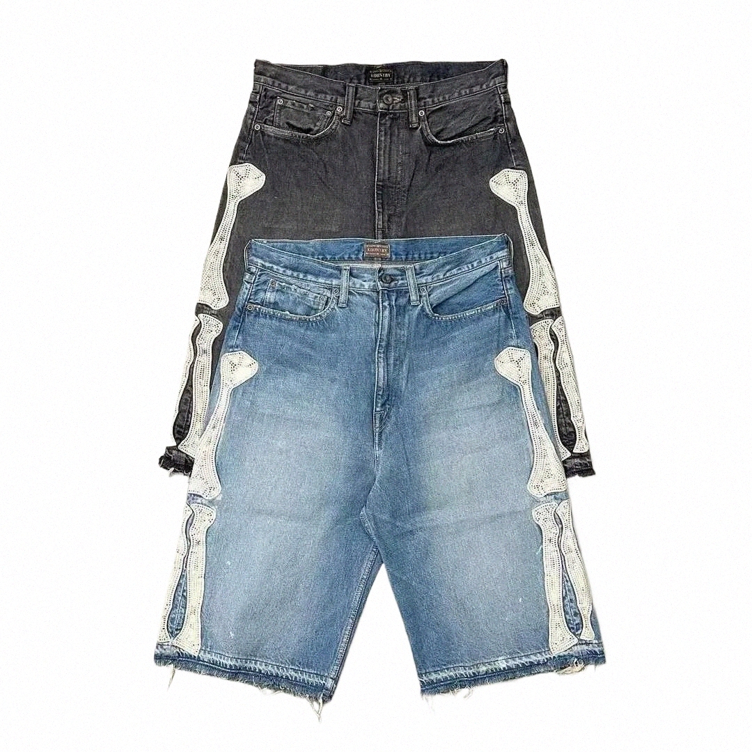 harajuku Street Trend Y2K Bone Embroidery Five-point Jeans Mens Loose Straight Pants Washed Blue Jeans Summer Shorts for MenX240914 l0wM#