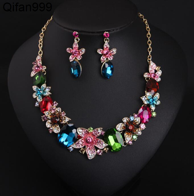 European and American Crystal Gems Bride Banquet Accessories Women Bridal Fashion Necklace Set